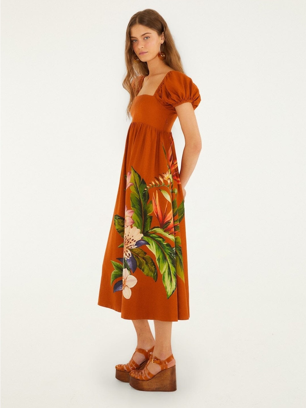 Farm Rio Brown Hilo Arrangment Midi Dress